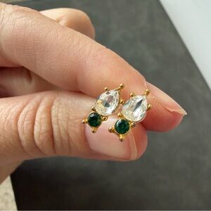 Vintage Monet Emerald Rhinestone Gold Tone Stud Earrings